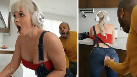 Riesige Dunkelhäutige Spunk-Pumpe Pflügt Kurvige Blonde Schlampe In Der Küche